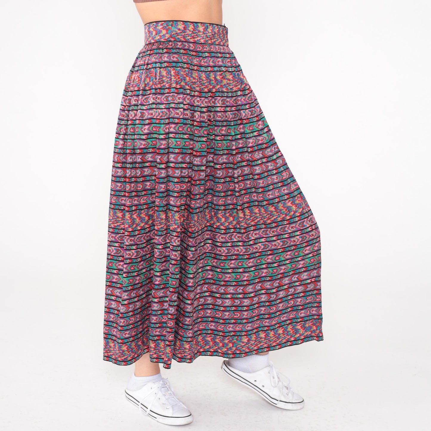 80s Oscar de la Renta Silk Midi Skirt Geometric Print Multicolor High Waist Extra Small