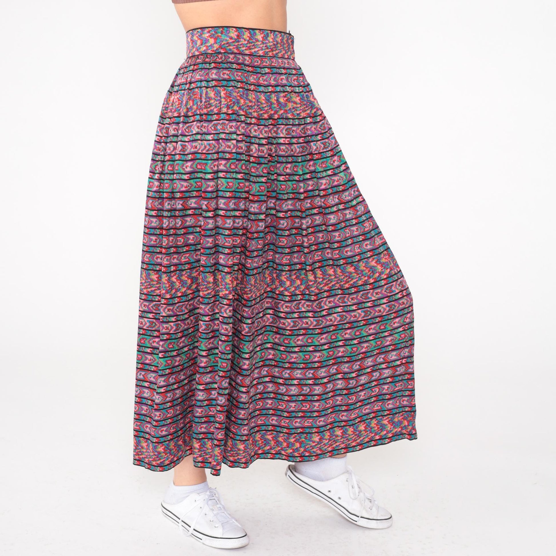 80s Oscar de la Renta Silk Midi Skirt Geometric Print Multicolor High Waist Extra Small
