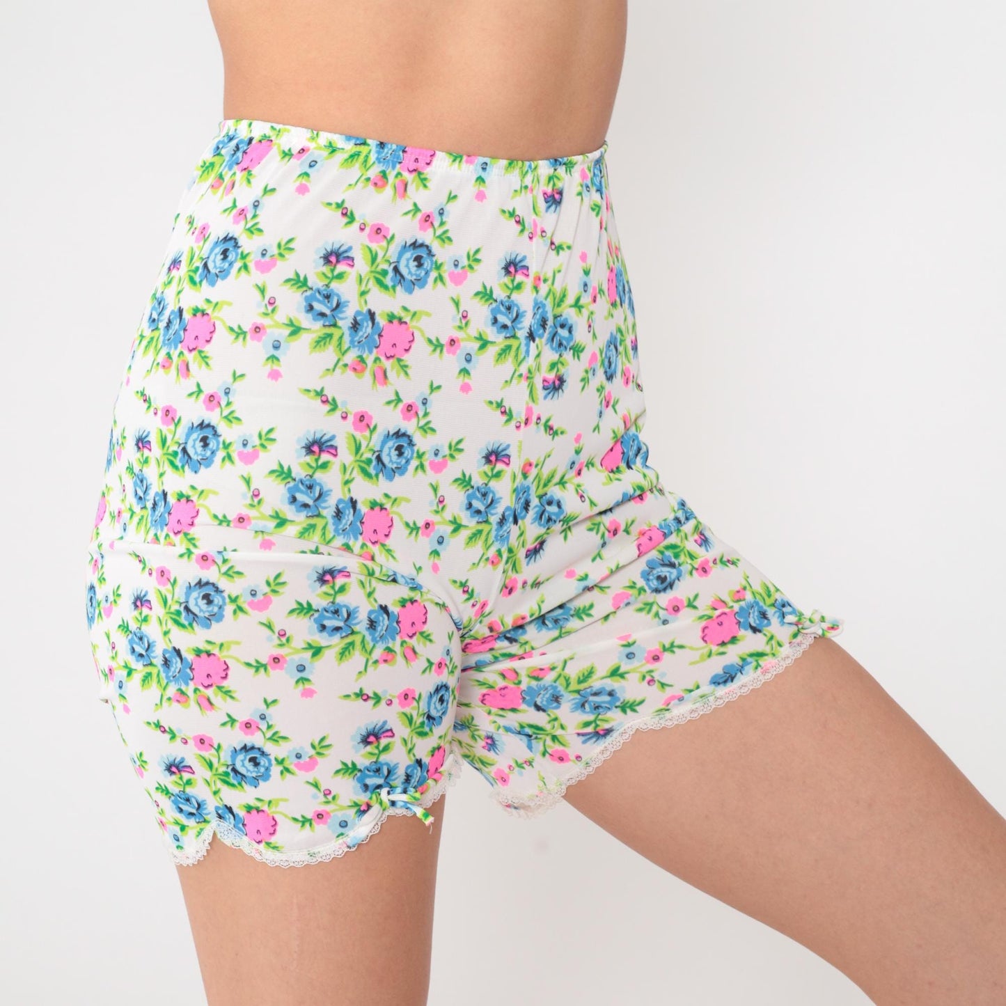 70s Deena Fine Lingerie Floral Bike Shorts White Nylon Lace Trim XS