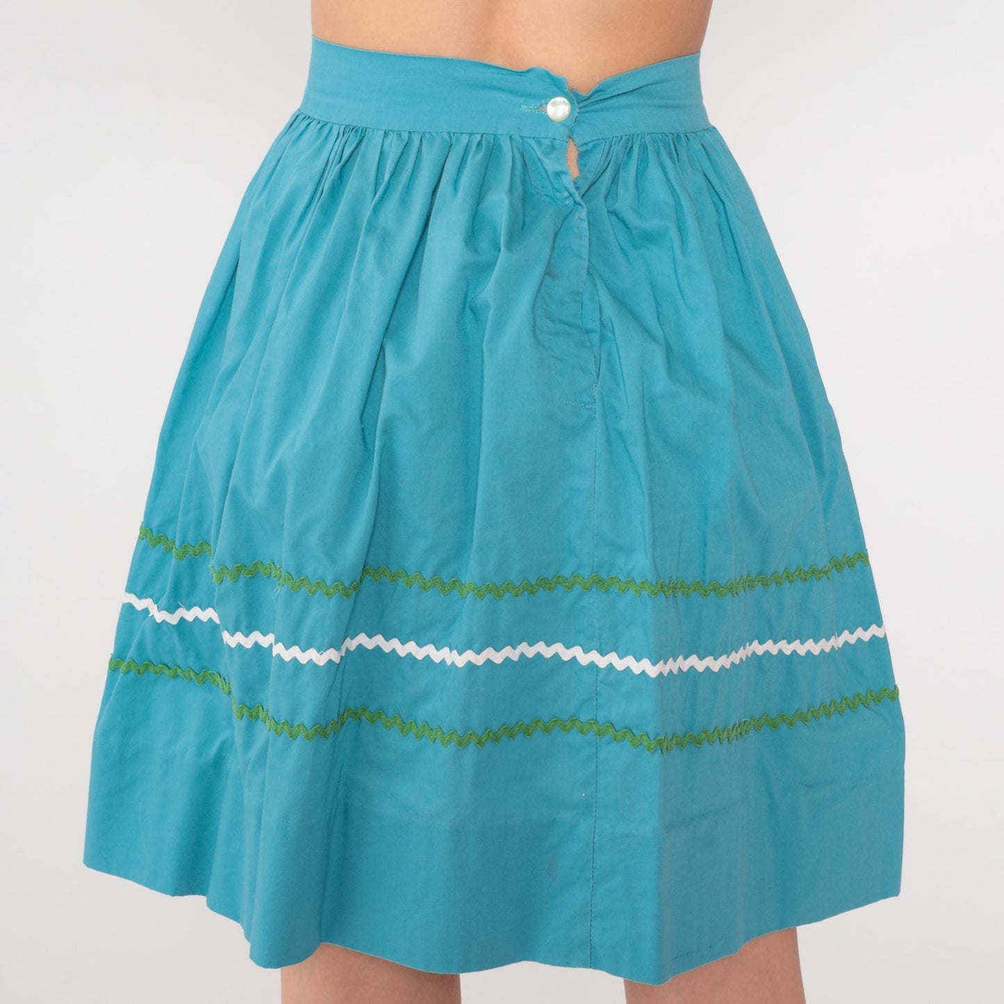1950s Turquoise High-Waist Mini Skirt Rickrack Trim Full Circle XXS