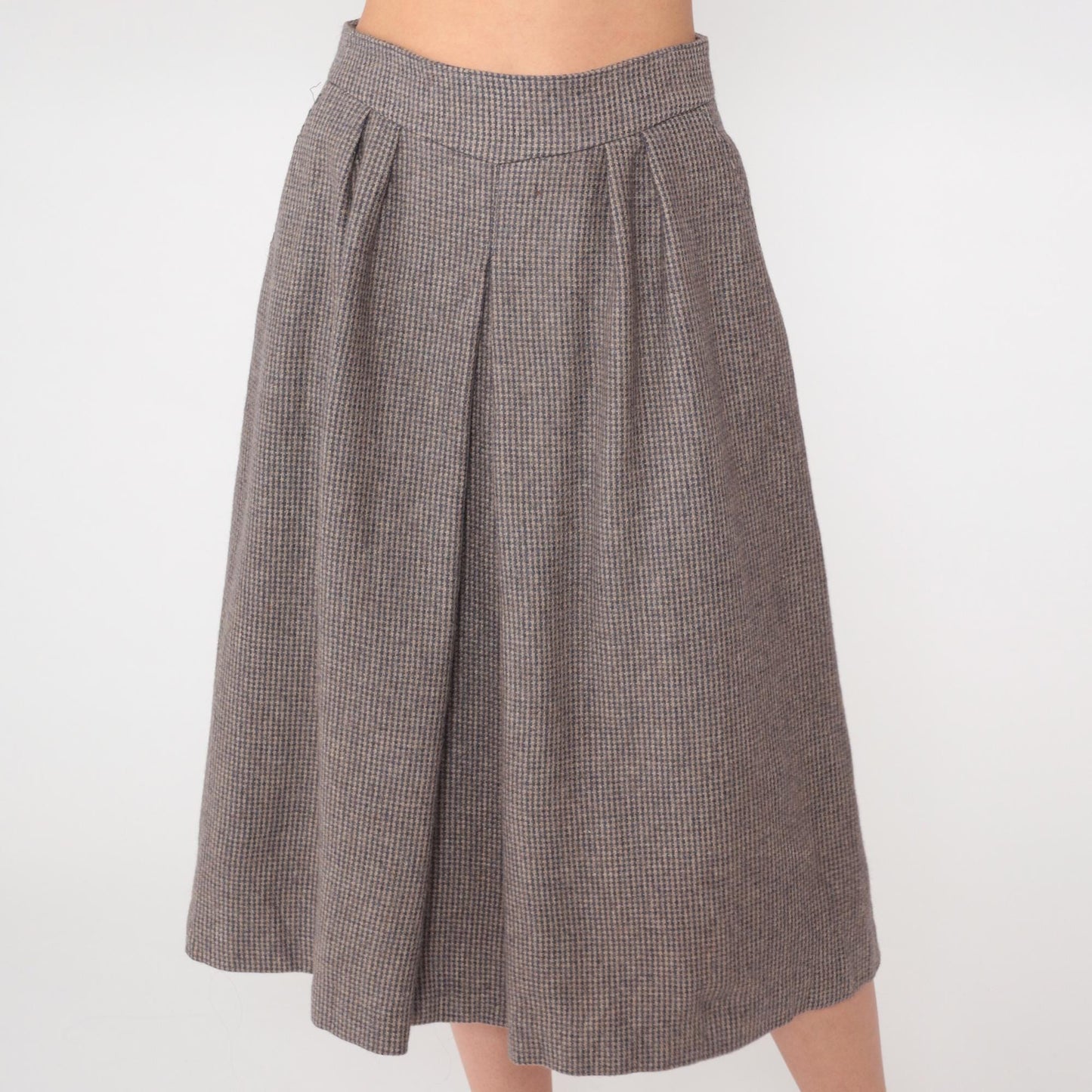 80s Clichy Wool Blend Checkered Midi Skirt Grey High Waisted Pleated Small