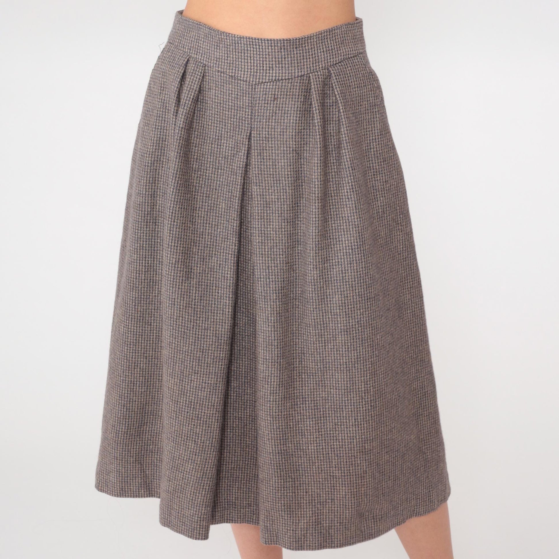 80s Clichy Wool Blend Checkered Midi Skirt Grey High Waisted Pleated Small