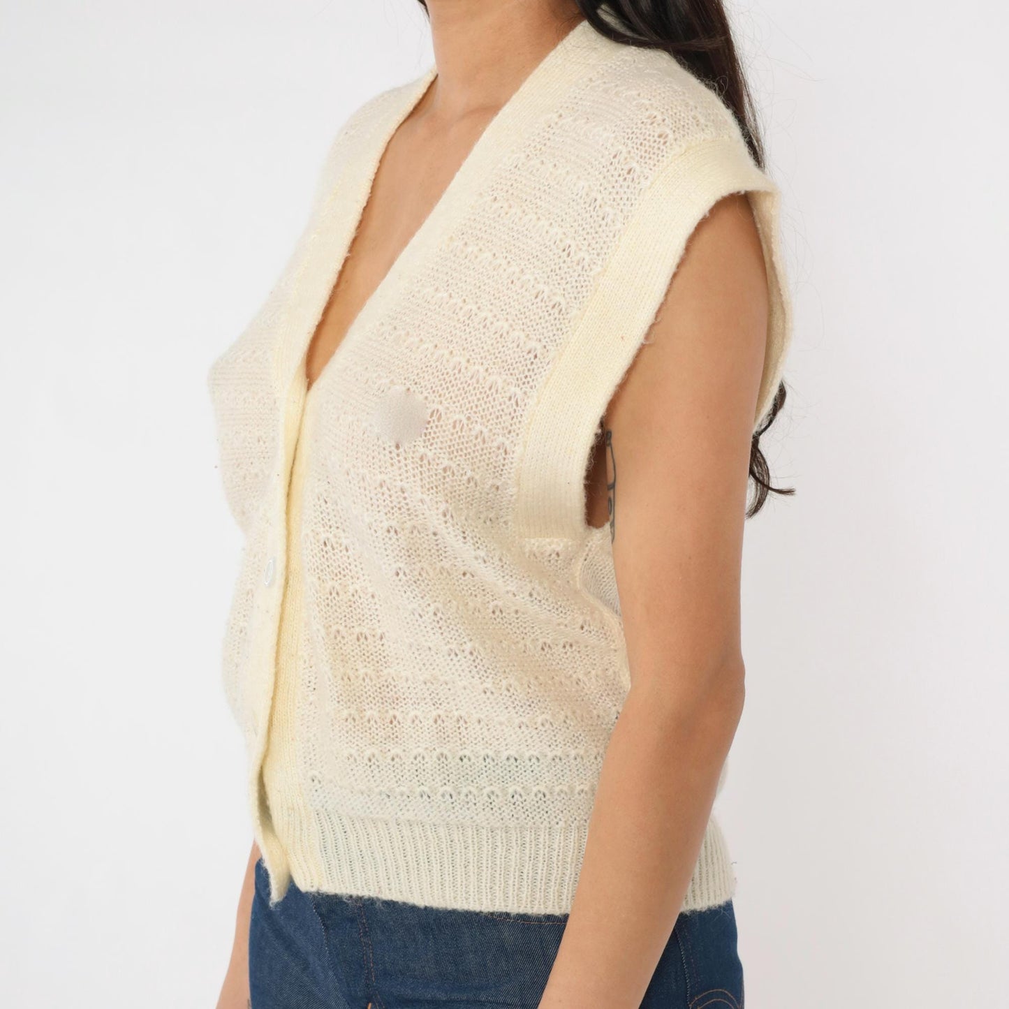 80s Cream Sheer Knit Vest Button-Up Sweater Cap Sleeve Small