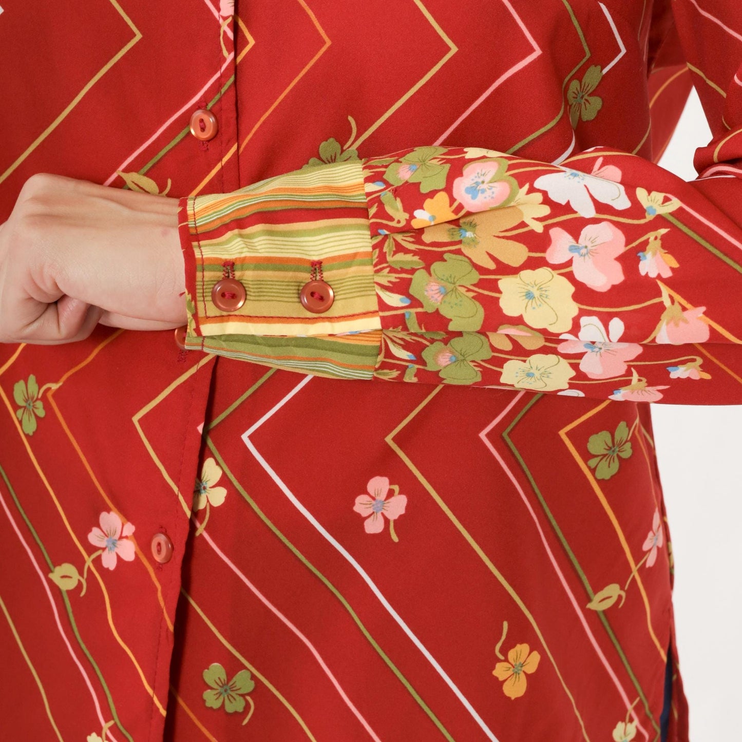 70s Striped Floral Button Up Blouse Red Zig Zag Long Sleeve Medium