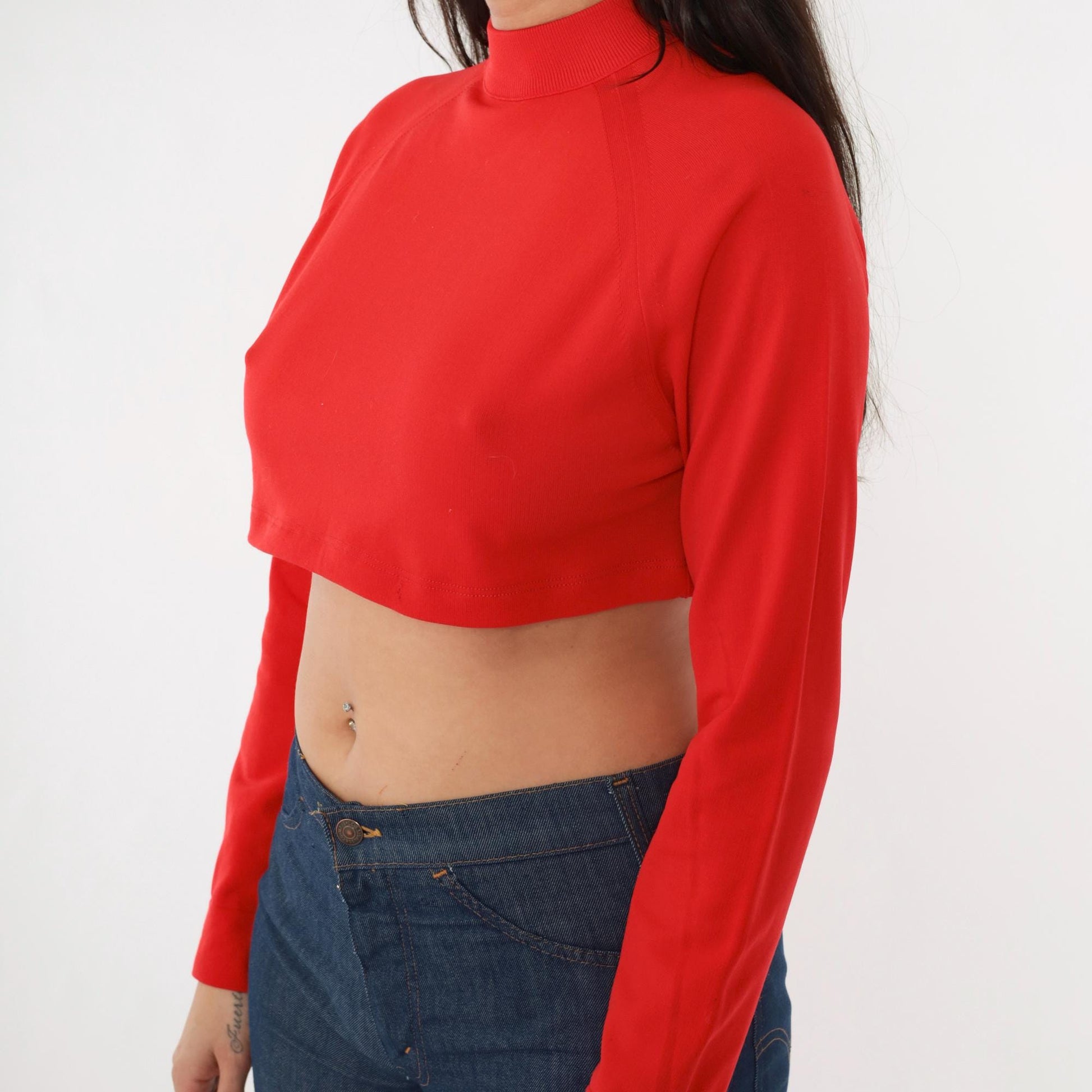 70s Red Crop Top Mock Neck Long Sleeve Nylon Knit Medium