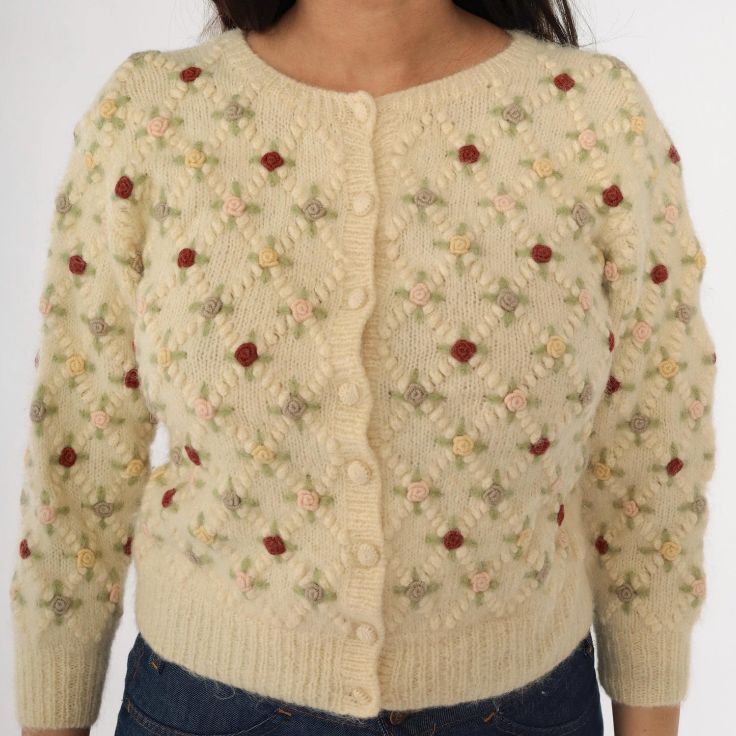 60s Wool Cardigan Cream Floral Embroidery Cropped 3/4 Sleeve Extra Small