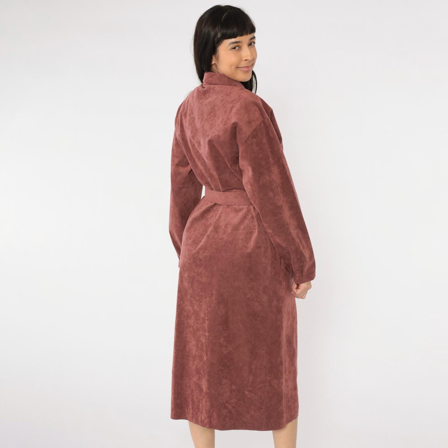 70s Halston Ultrasuede Trench Jacket Burnt Rose Belted Midi Large