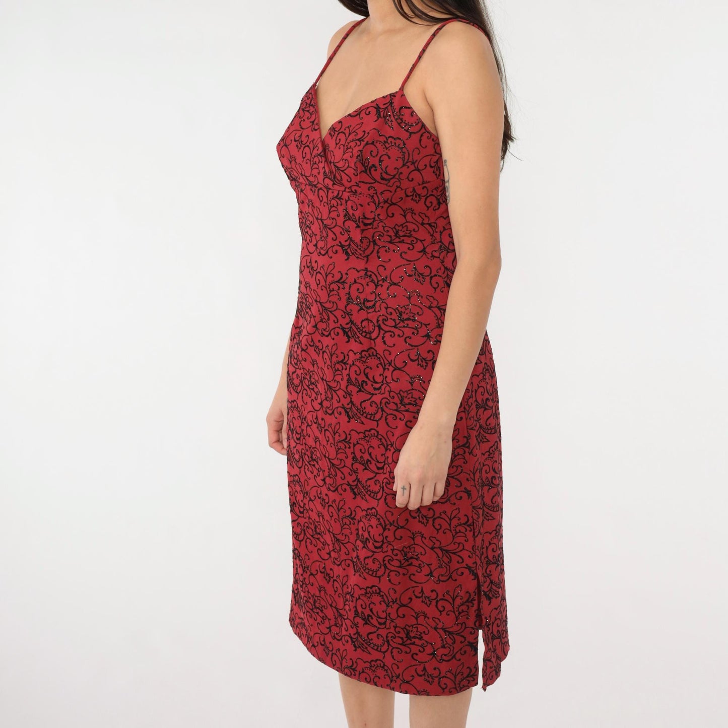 90s La Belle Red Floral Midi Dress Glittery Flocked Empire Waist Medium