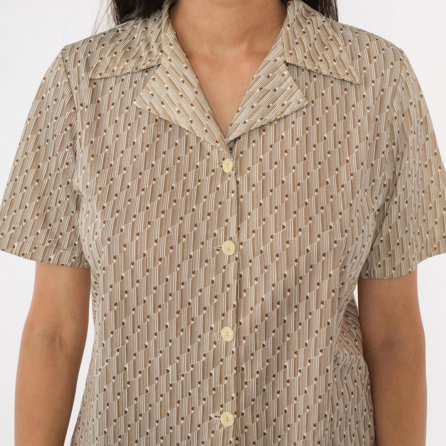 70s Op Art Geometric Blouse White Brown Disco Shirt Short Sleeve Medium