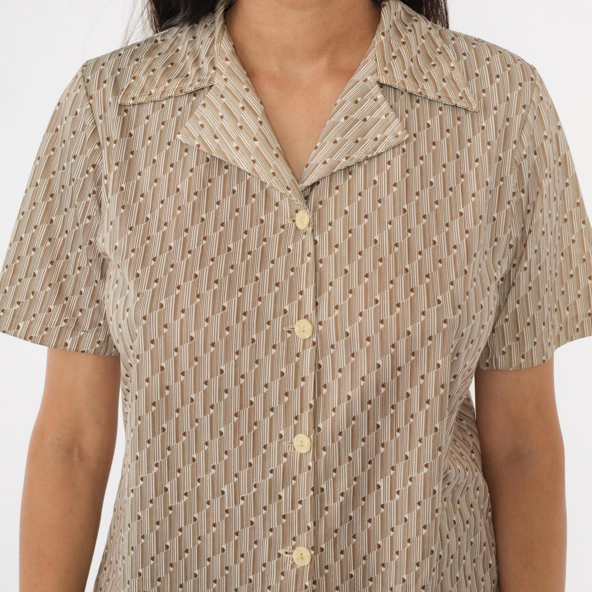 70s Op Art Geometric Blouse White Brown Disco Shirt Short Sleeve Medium