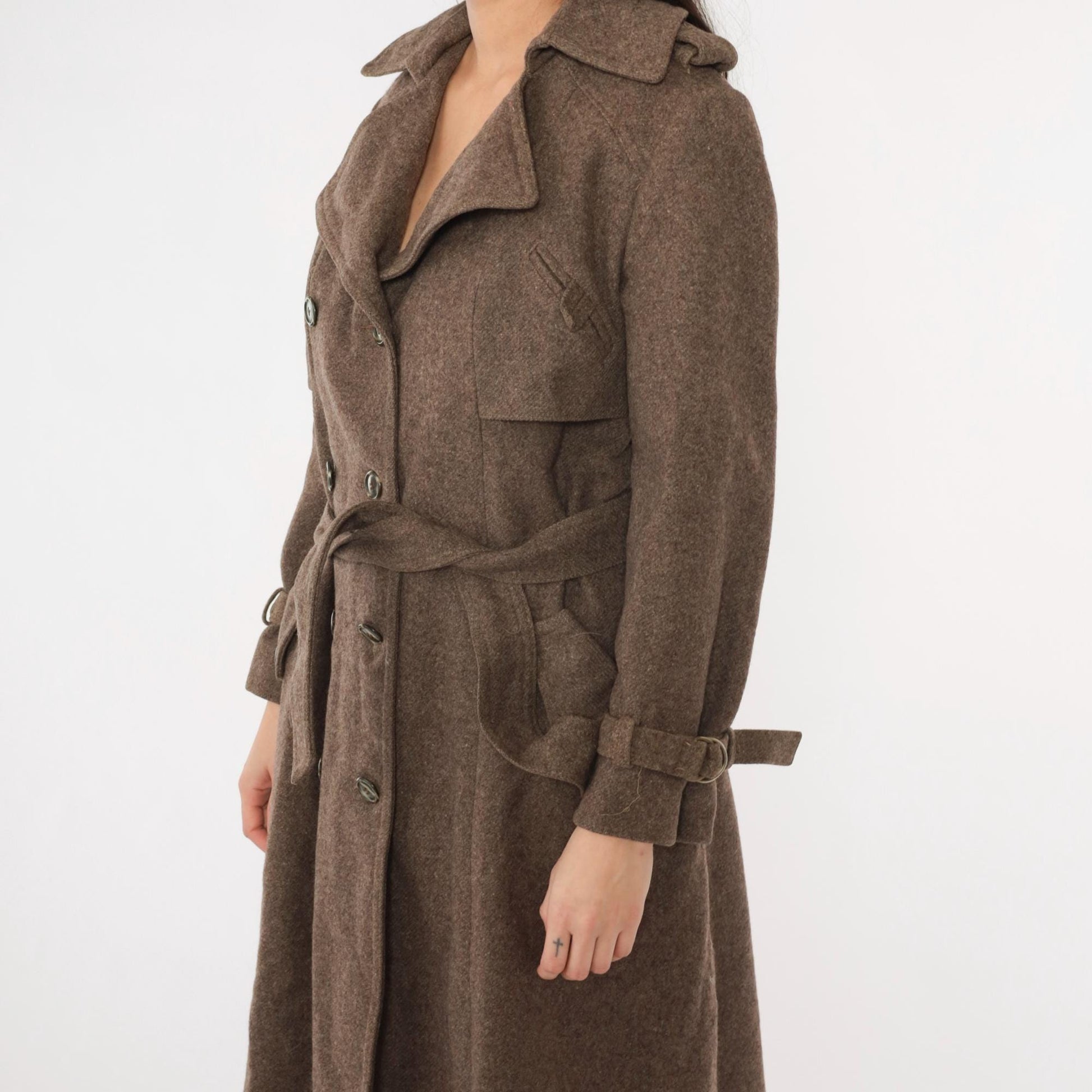 1960s Brown Wool Trench Coat Double Breasted Belted Midi Medium M