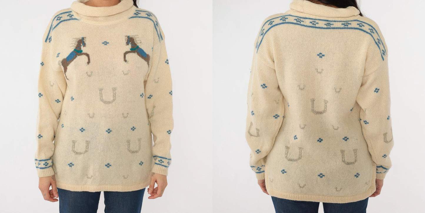 80s Kristin for Millers Wool Horse Sweater Cream Mock Neck Equestrian Medium