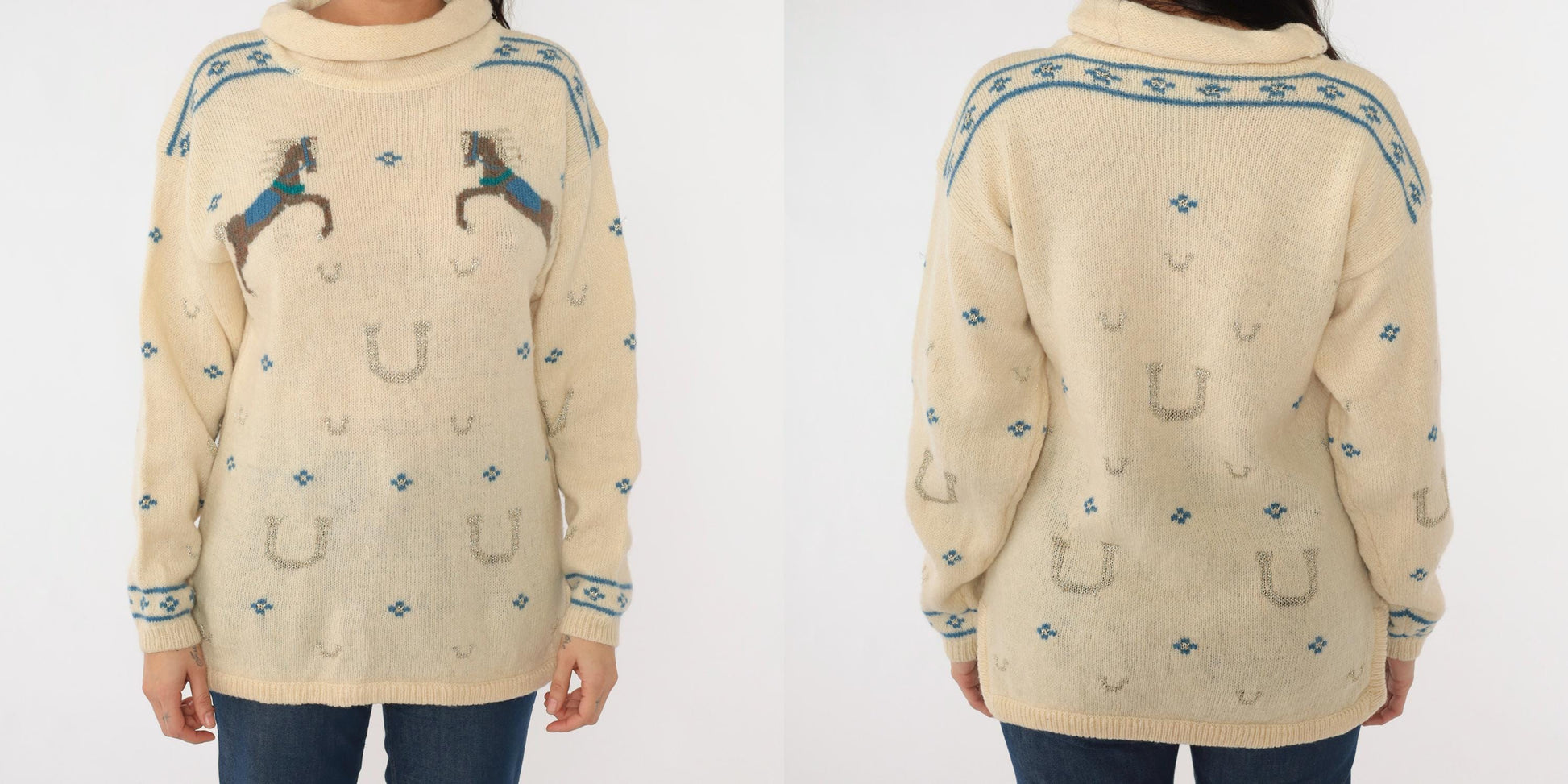 80s Kristin for Millers Wool Horse Sweater Cream Mock Neck Equestrian Medium