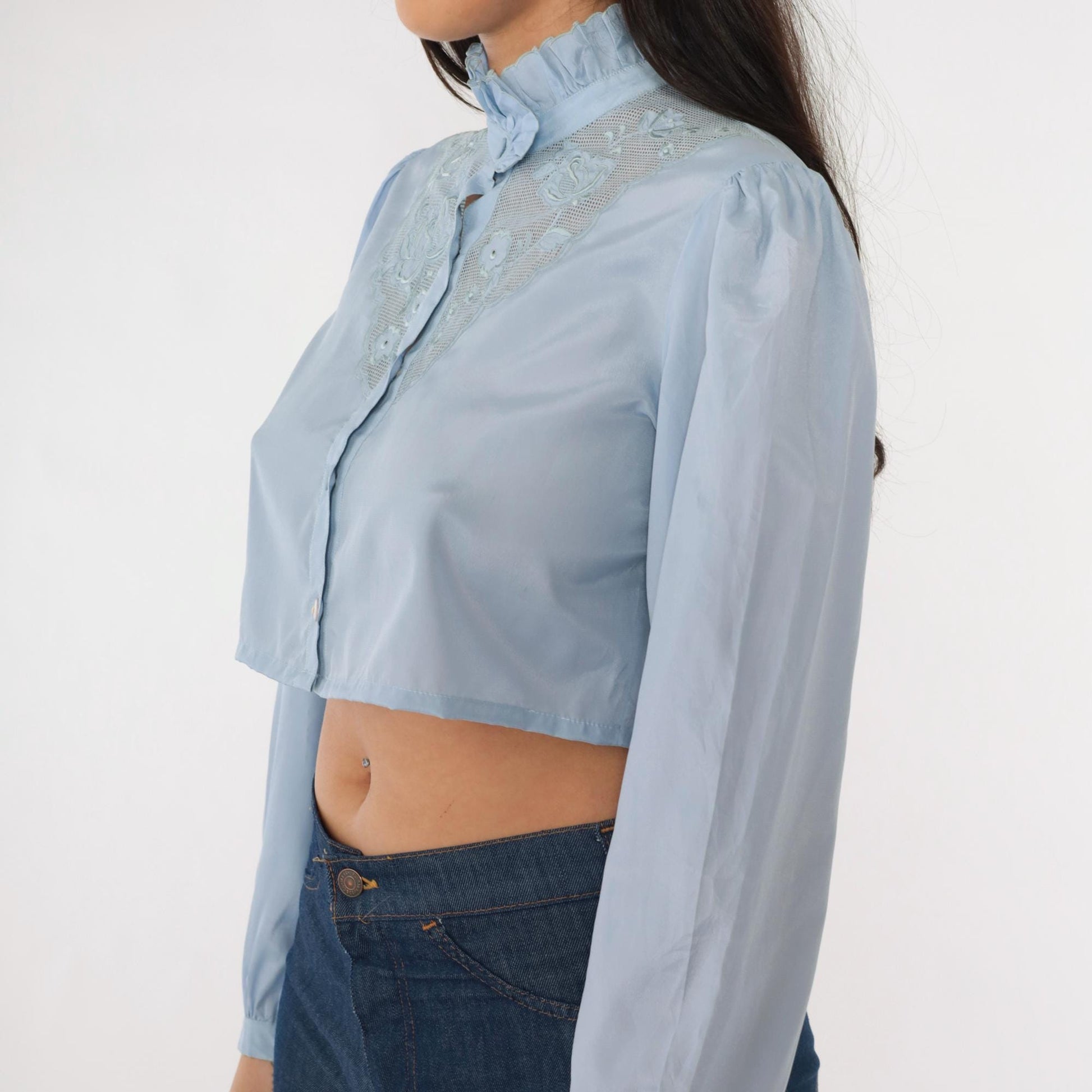 80s Light Blue Victorian Crop Top Puff Sleeve Button Up Blouse Small Medium