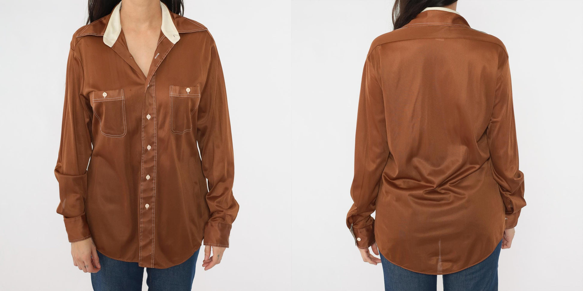 70s Mohawk Brown Dagger Collar Shirt Topstitch Long Sleeve Large