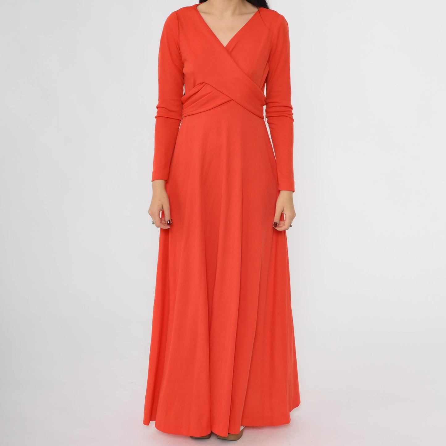 70s Grecian Maxi Dress Red-Orange Wrap Front V-Neck Long Sleeve Medium
