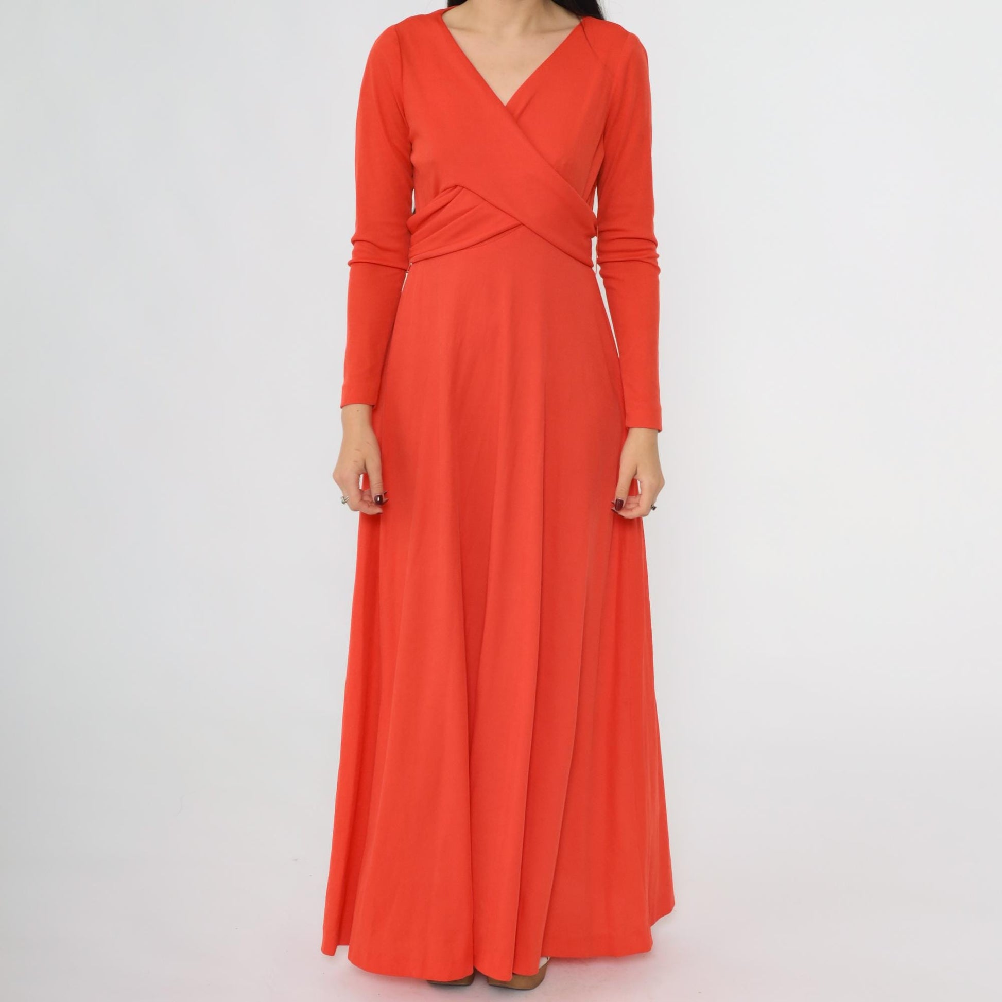 70s Grecian Maxi Dress Red-Orange Wrap Front V-Neck Long Sleeve Medium