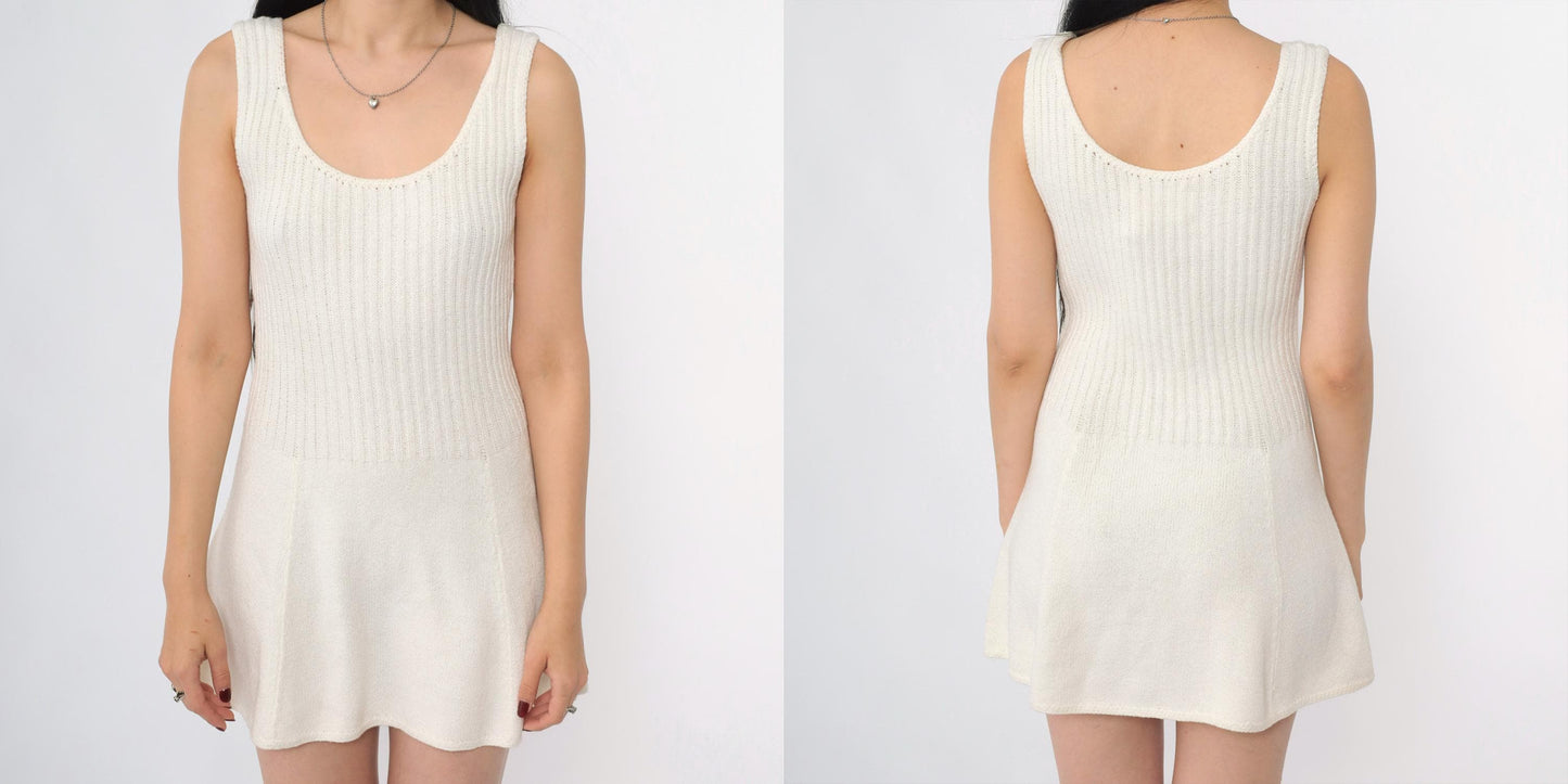 60s Tennisknit Hampton Court Off-White Knit Mini Dress Scoop Neck Drop Waist XS
