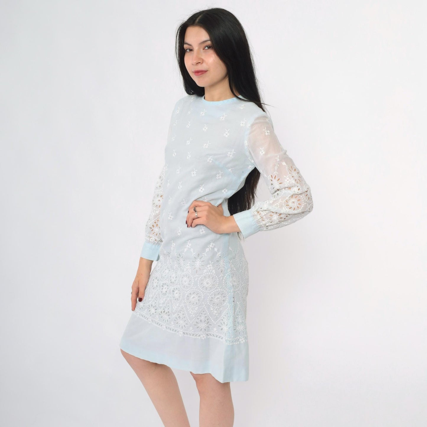 60s Howard Wolf Baby Blue Eyelet Lace Mini Dress Long Sleeve Small S