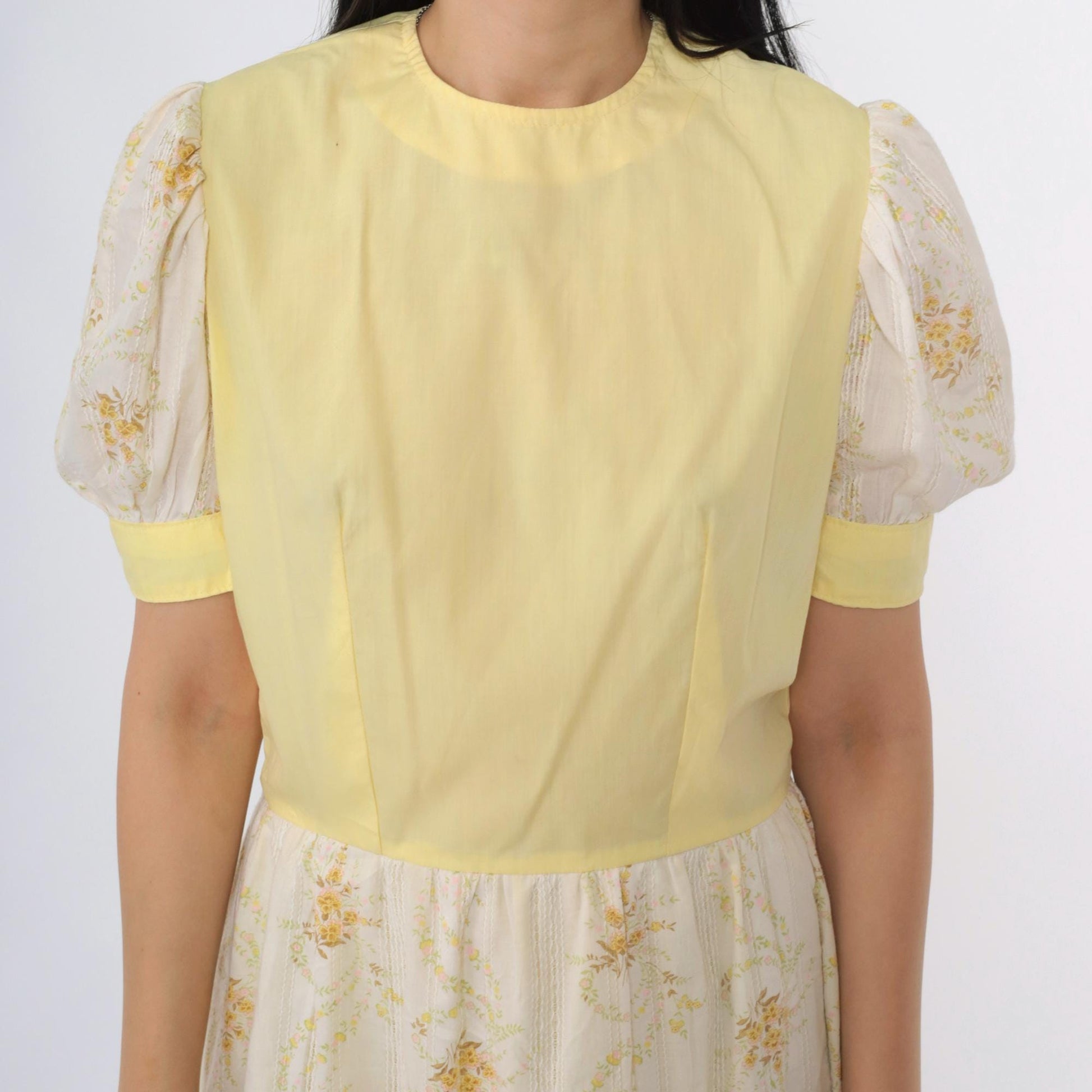 70s Puff Sleeve Floral Mini Dress Yellow White High Waist Small