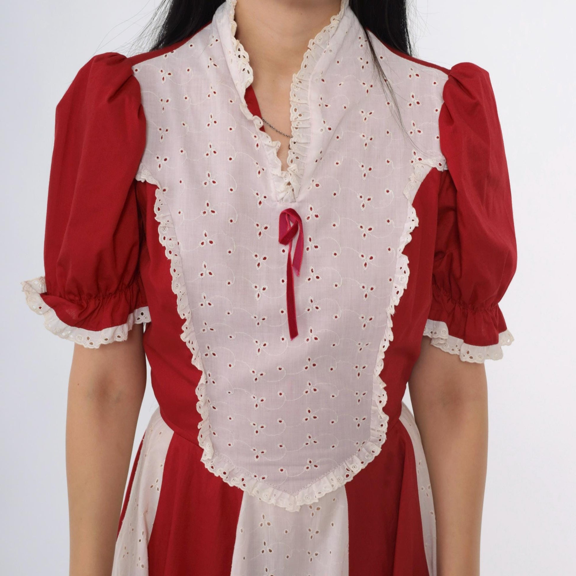 70s Burgundy Eyelet Lace Prairie Dress Puff Sleeve Midi High Waist Small