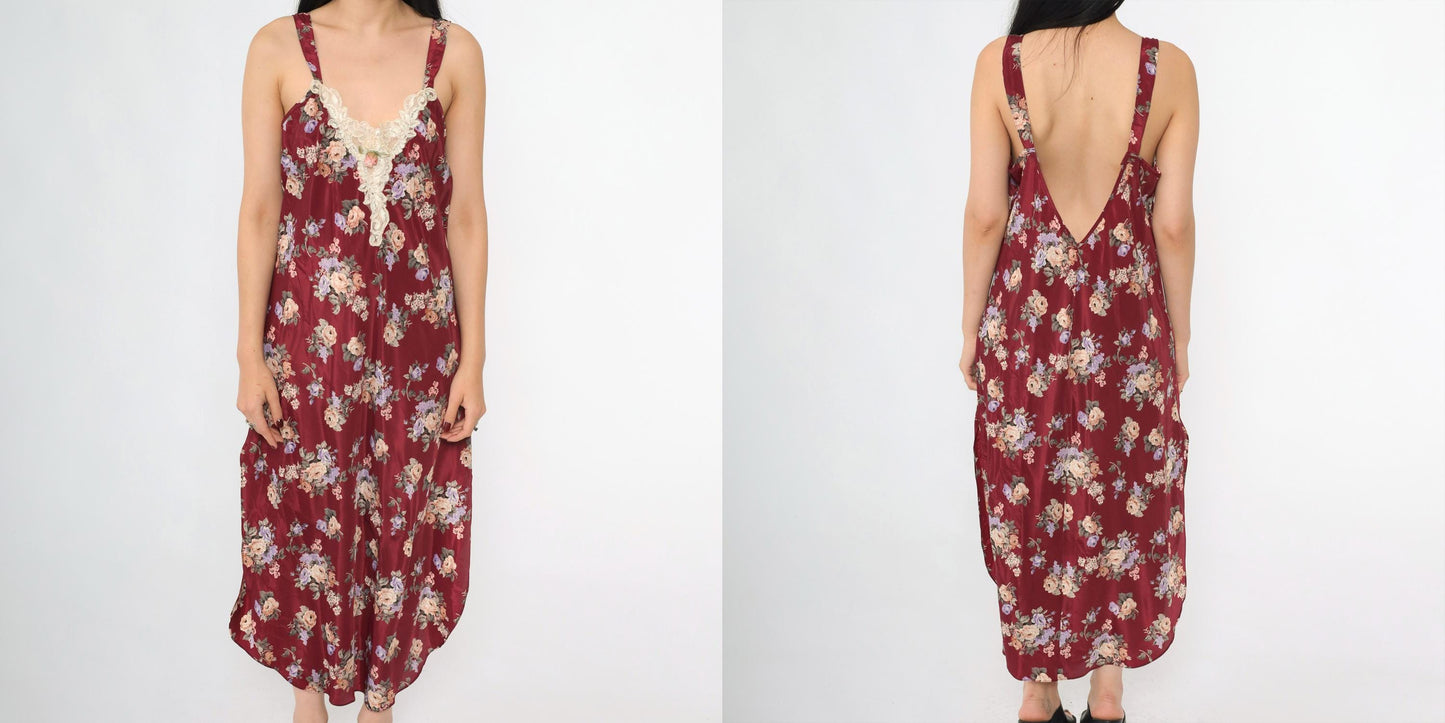 90s Burgundy Floral Satin Slip Dress Lace Trim Deep V Back Midi Medium