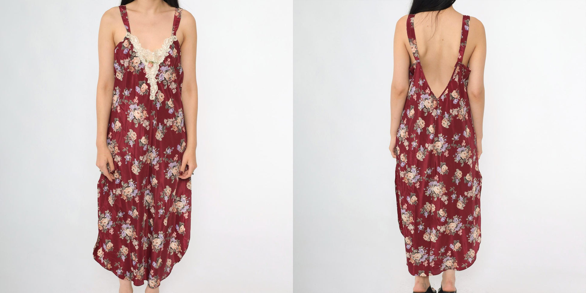 90s Burgundy Floral Satin Slip Dress Lace Trim Deep V Back Midi Medium