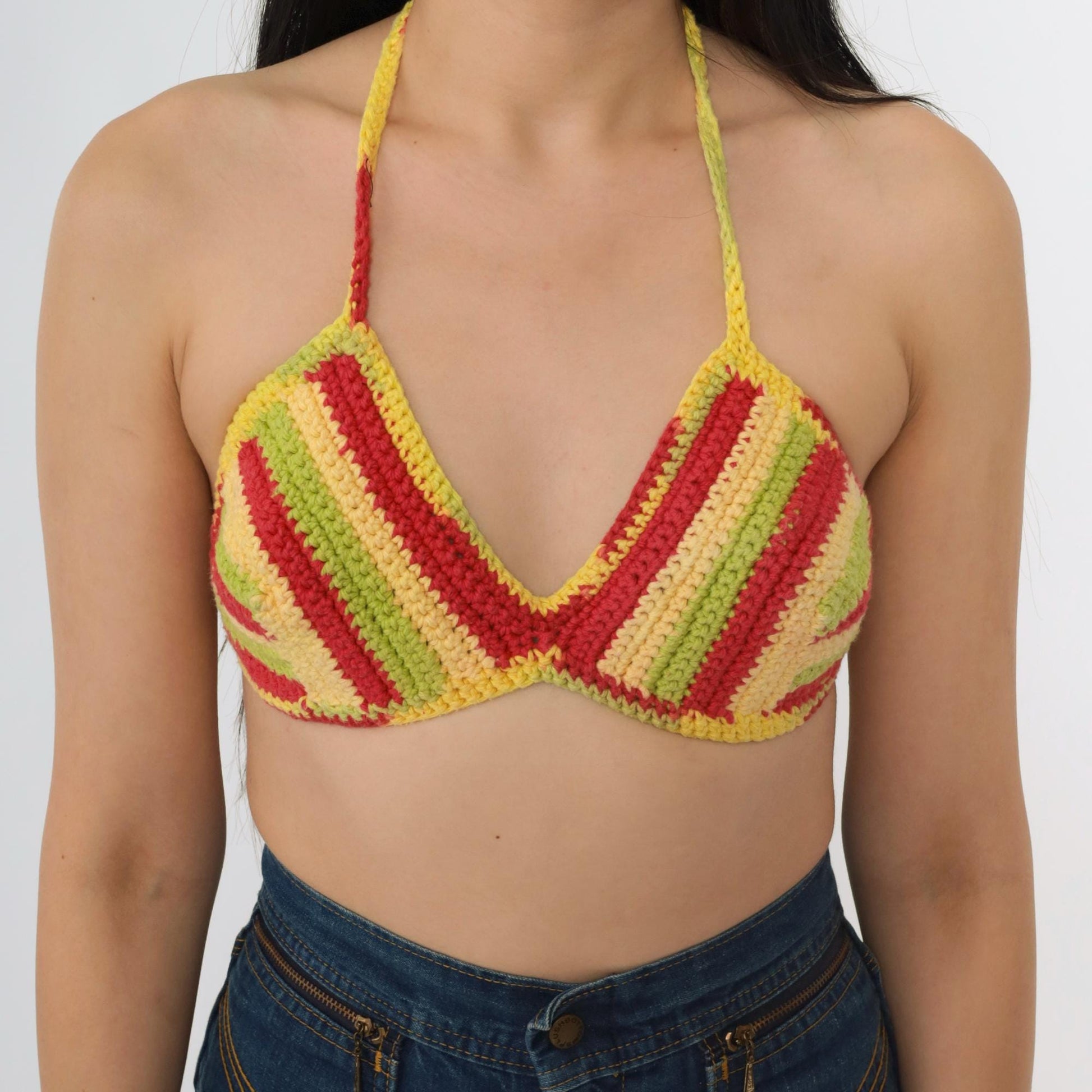 Y2K Striped Crochet Halter Bikini Top Red Yellow Green Triangle Crop Extra Small