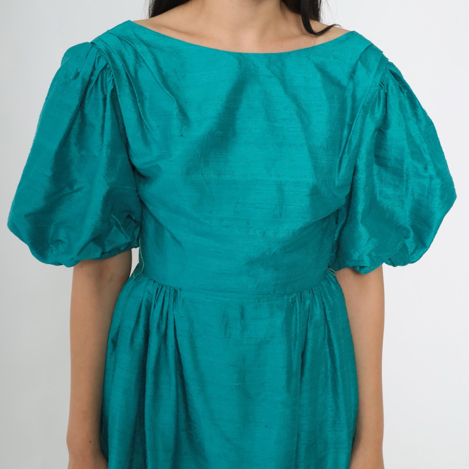 80s House of Bianchi Teal Silk Puff Sleeve Maxi Gown Low Back Extra Small