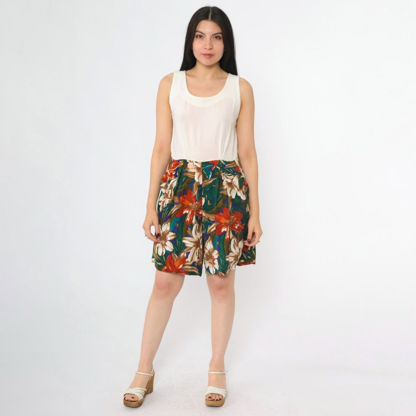 90s Tropical Floral White Romper Pleated Wide Leg Sleeveless Medium