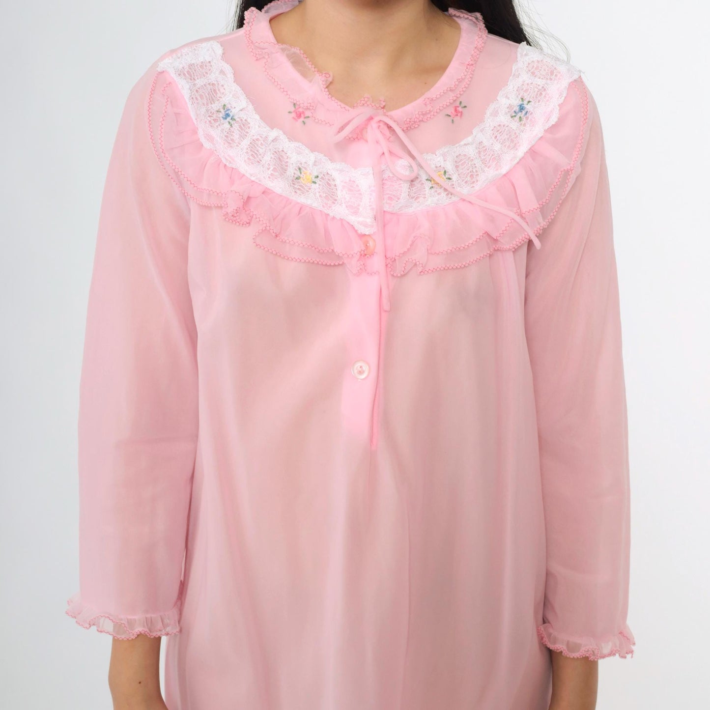 70s Pink Nylon Nightgown Ruffled Lace Collar Floral Embroidery Long Sleeve Small