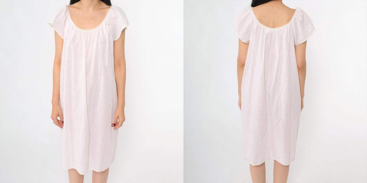 80s Miss Elaine Pink Striped Midi Nightgown Lace Scoop Neck Medium
