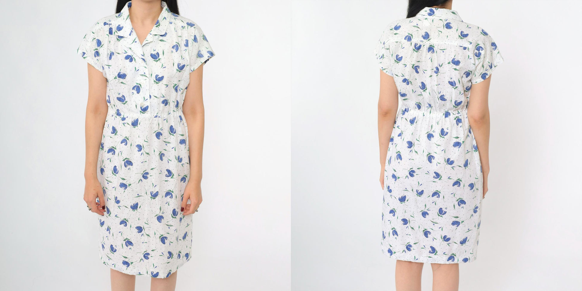 80s White Blue Floral Midi Shirtdress High Waist Button Front Small
