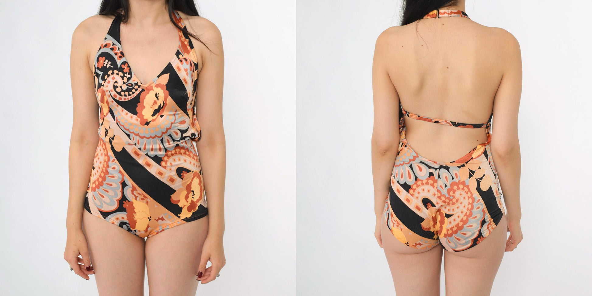 70s Psychedelic Floral One-Piece Swimsuit Orange Black Halter Scoop Back Small Medium