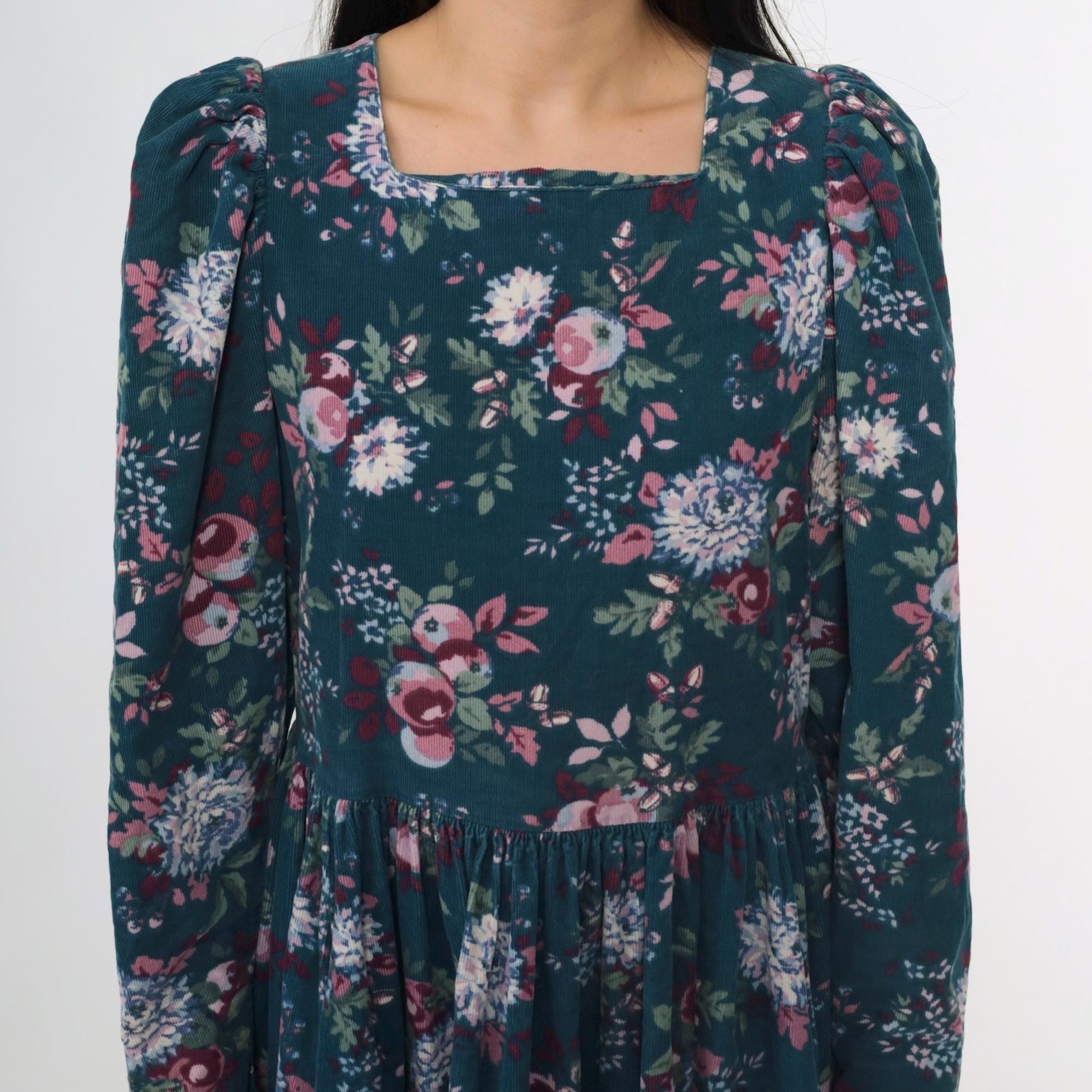 80s Laura Ashley Corduroy Floral Midi Dress Teal Puff Sleeve Medium