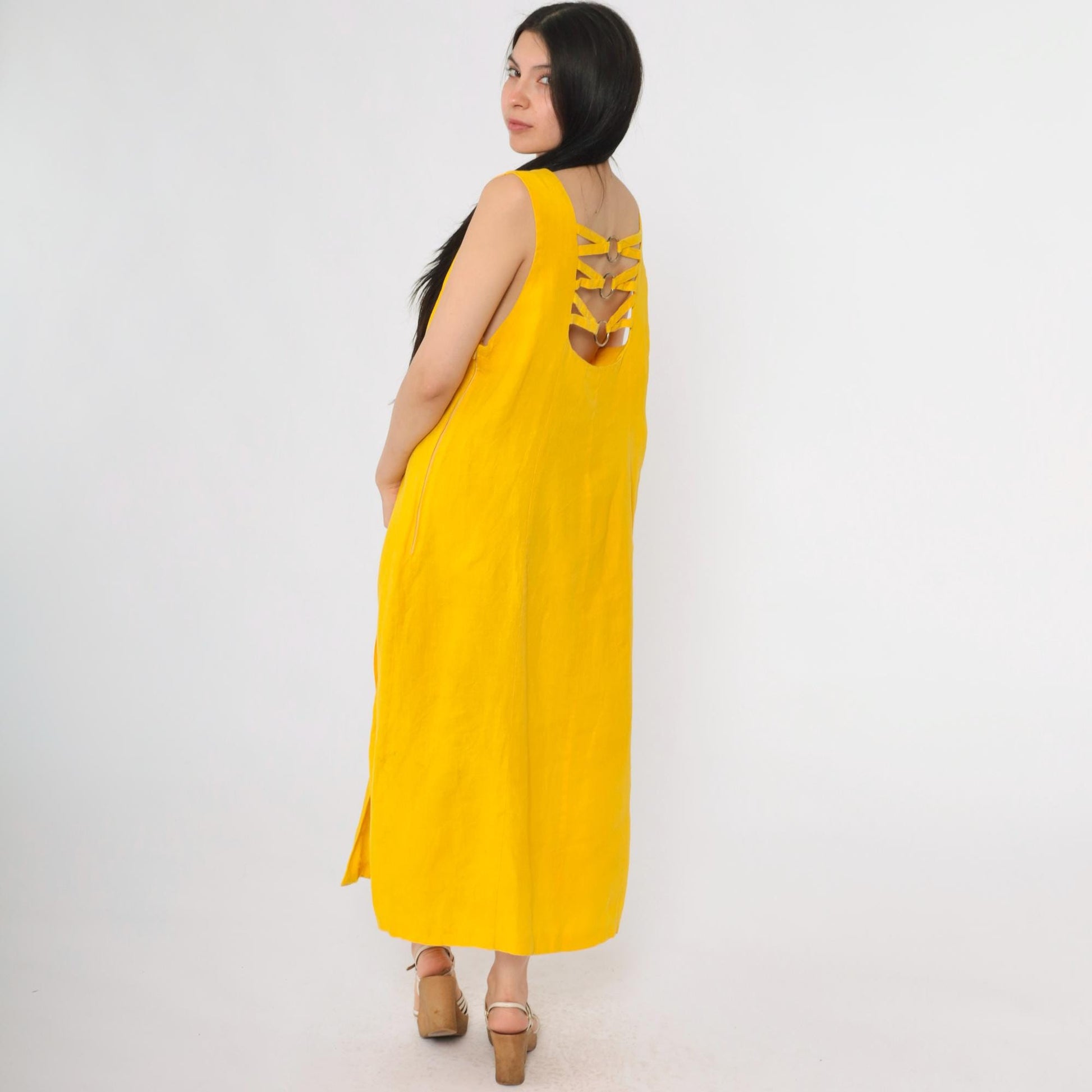 90s Navora Yellow Linen Maxi Dress Cutout Back O-Ring Straps Large L