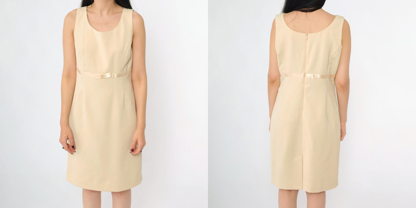 00s Amanda Smith Beige Mini Dress Satin Bow Empire Waist Scoop Neck Small