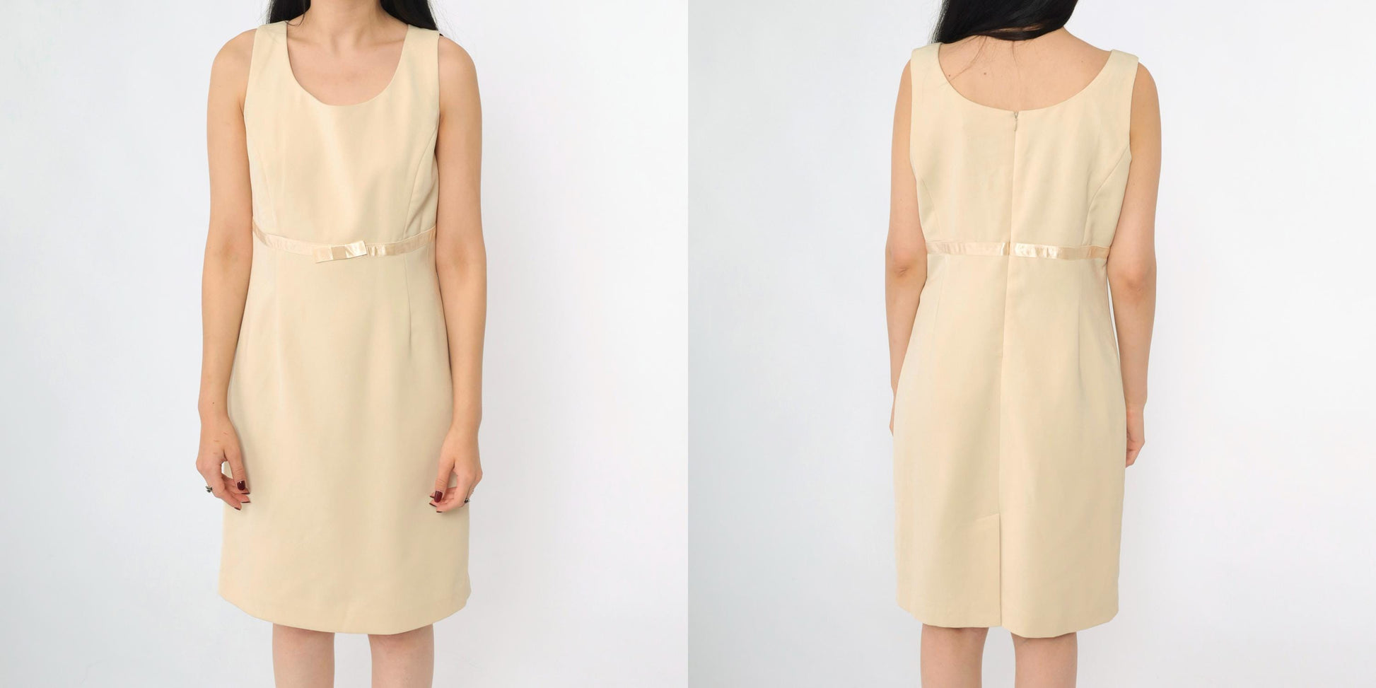 00s Amanda Smith Beige Mini Dress Satin Bow Empire Waist Scoop Neck Small