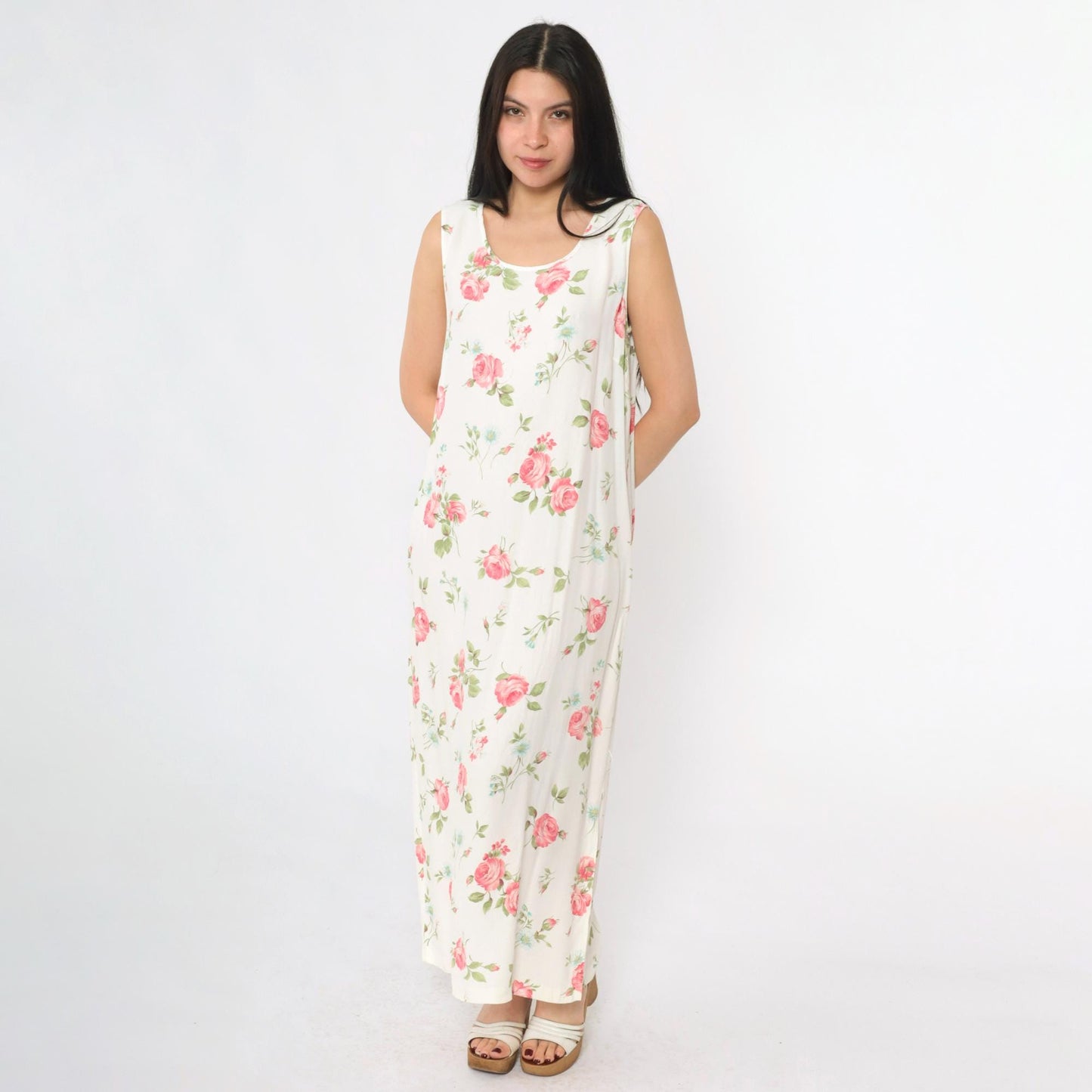 90s Pink Floral White Maxi Dress Sleeveless Scoop Neck Side Slit Medium