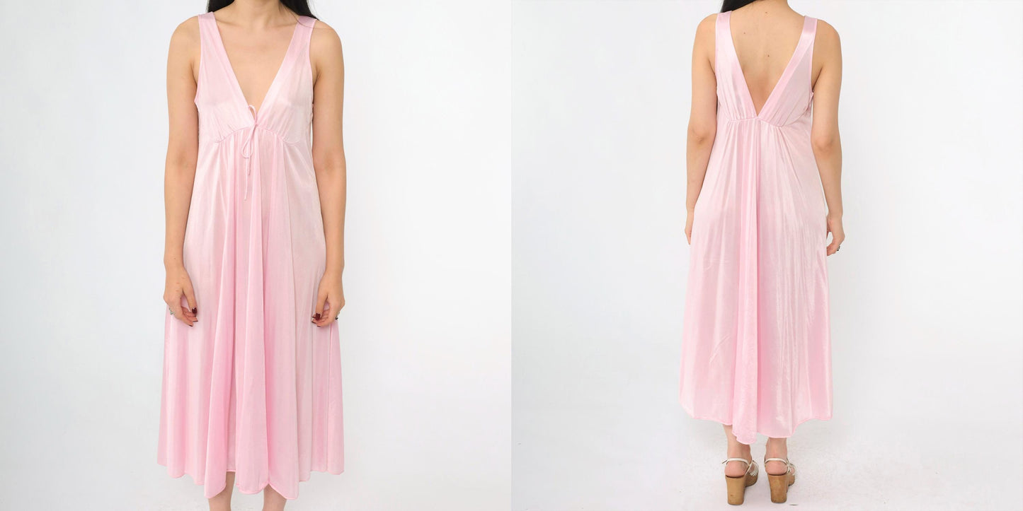 80s Baby Pink Nylon Nightgown Deep V Neck Empire Waist Midi Small
