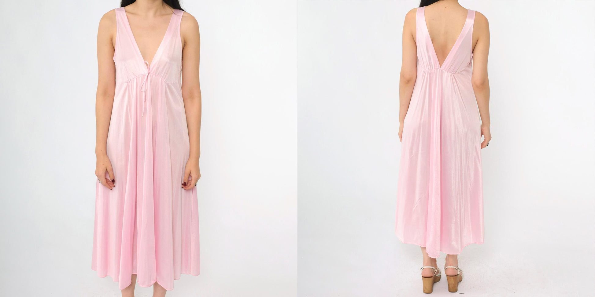 80s Baby Pink Nylon Nightgown Deep V Neck Empire Waist Midi Small