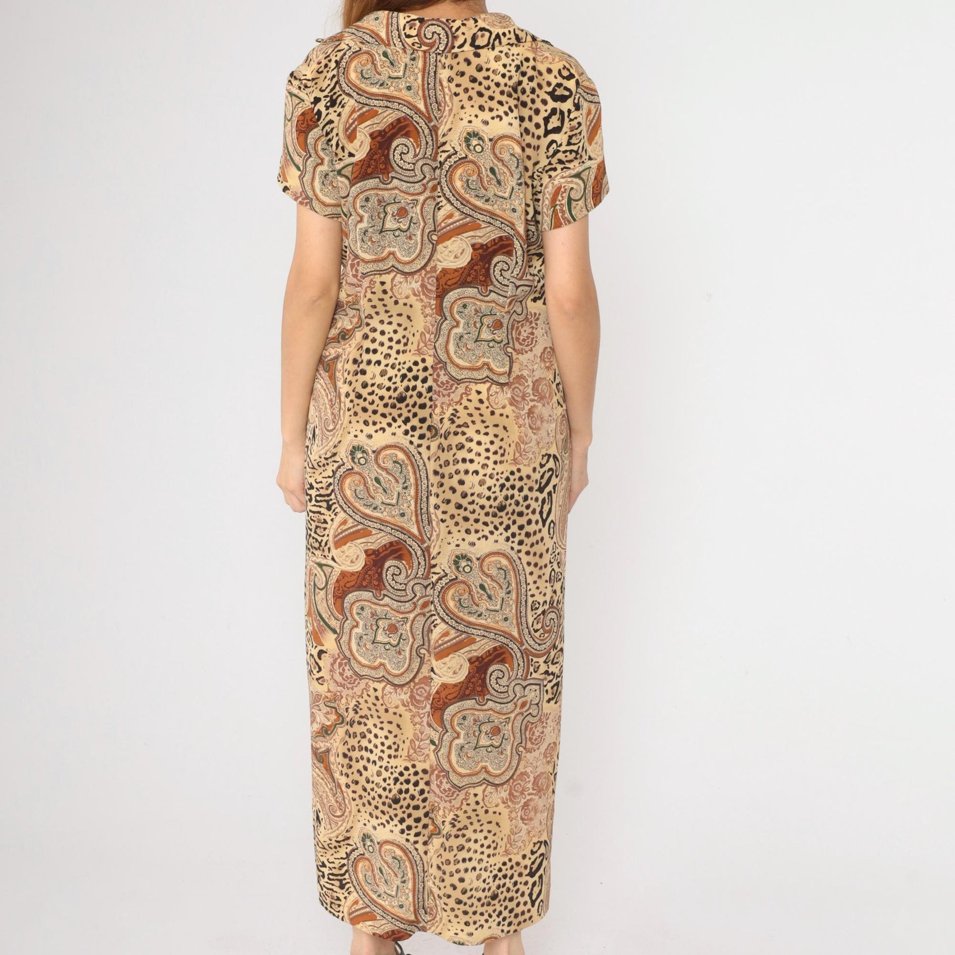 90s Leopard Paisley Maxi Shirtdress Animal Print Button-Up Yellow Burnt Orange Large 14