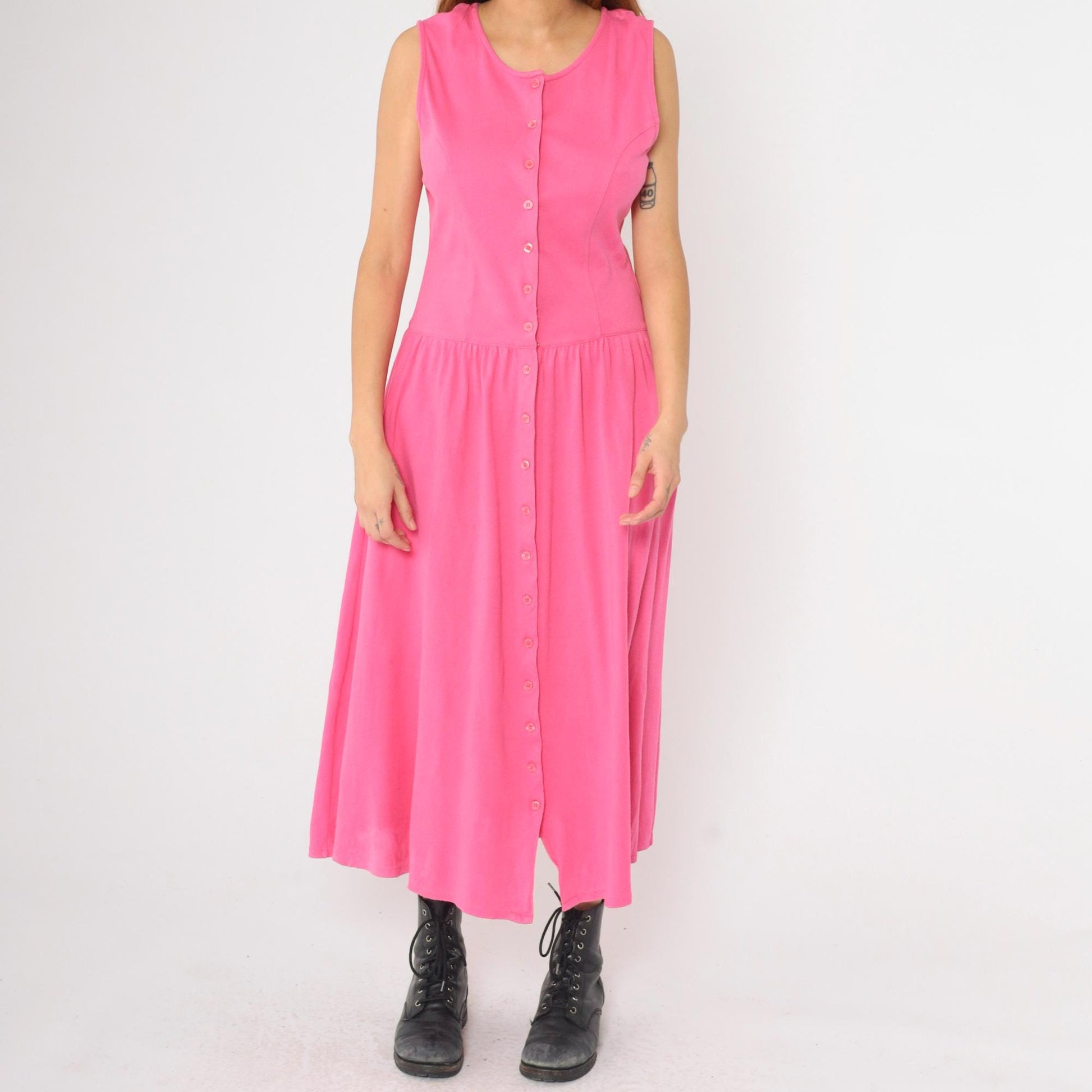 90s Pink Cotton Knit Button-Up Dress Dropped Waist Midi Sleeveless Medium
