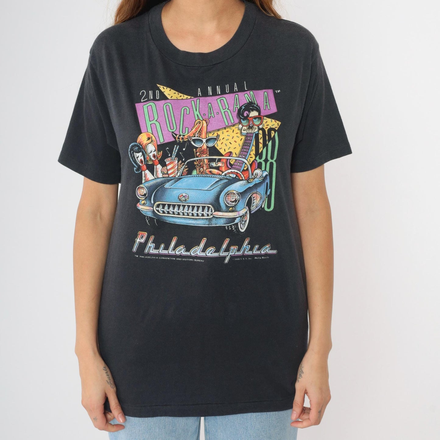 80s Rock-a-Rama Philadelphia Graphic T-Shirt Black Rockabilly Car Small