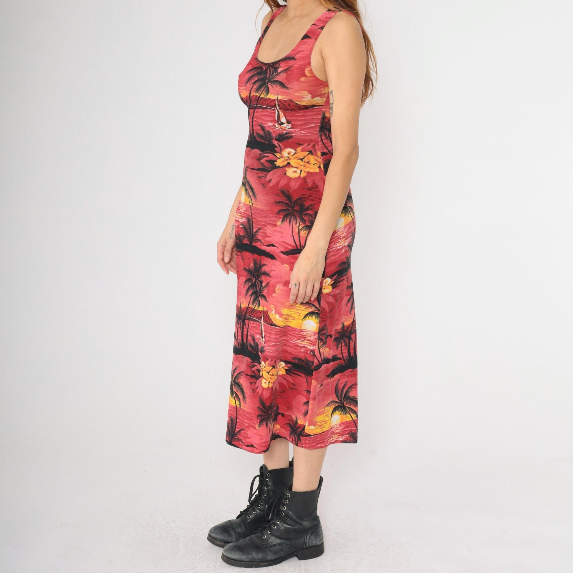 90s Hawaiian Tropical Midi Bodycon Dress Red Palm Tree Print Small S