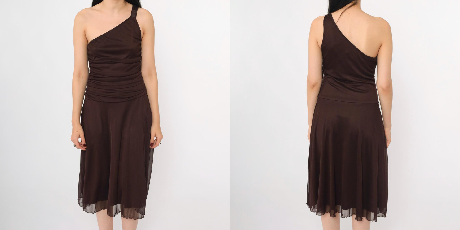 Y2K Brown Mesh One-Shoulder Midi Dress Ruched Asymmetrical Small S