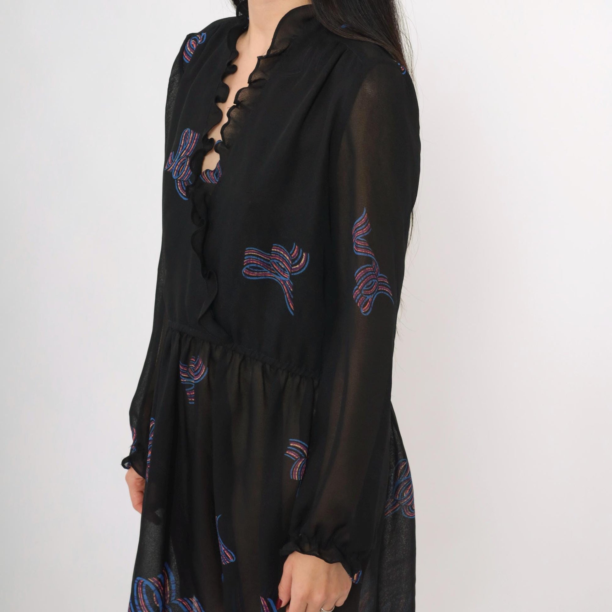 70s Diane Von Furstenberg Black Sheer Mini Dress Ribbon Bow Ruffle Neck Medium