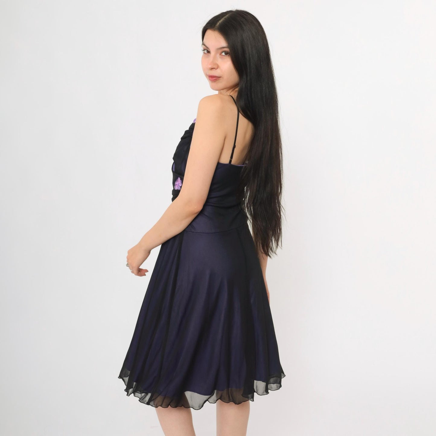 Y2K Purple Mesh Midi Dress Black Floral Applique Spaghetti Strap V Neck Medium