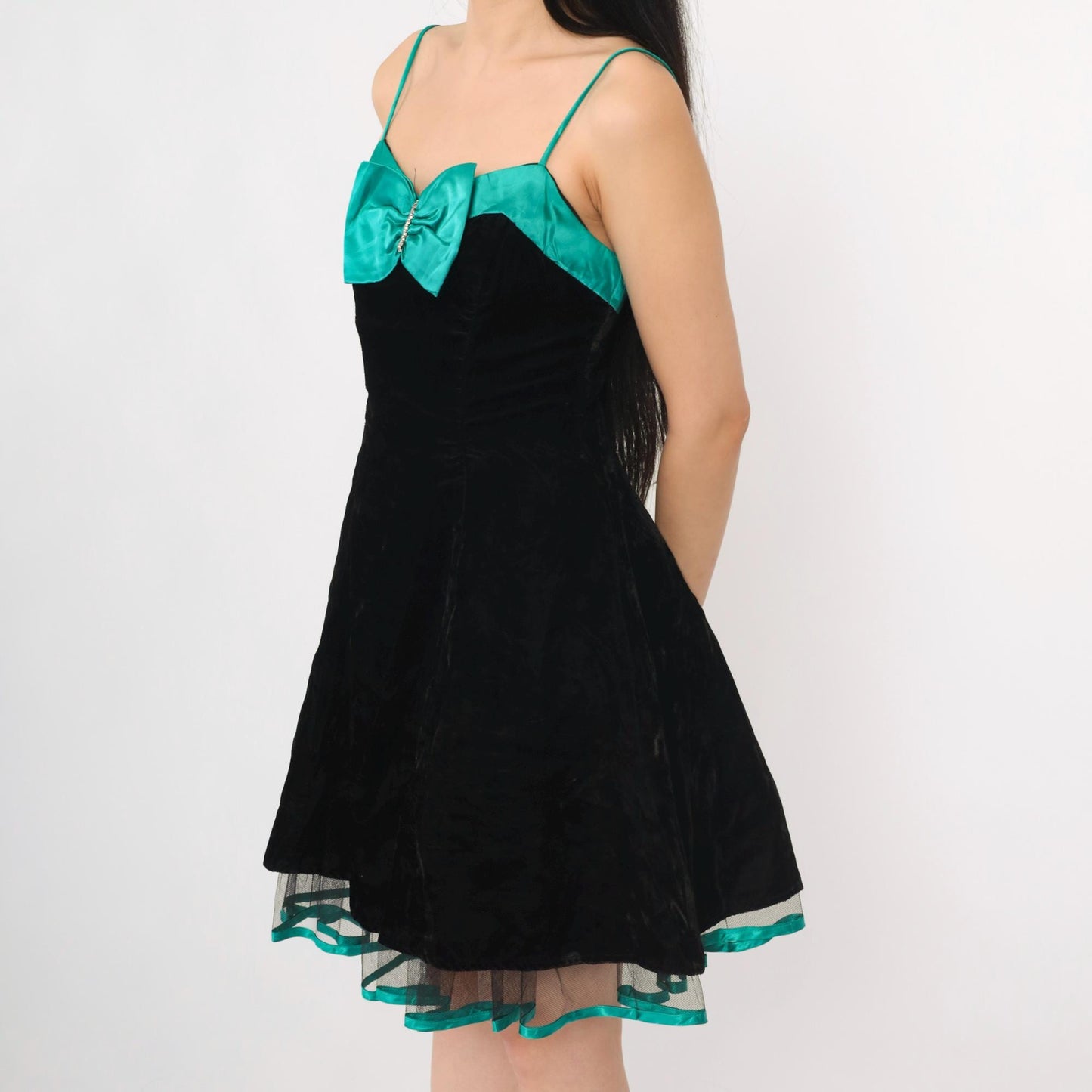80s Black Velvet Mini Dress Teal Bow Sweetheart Neckline Spaghetti Strap Extra Small
