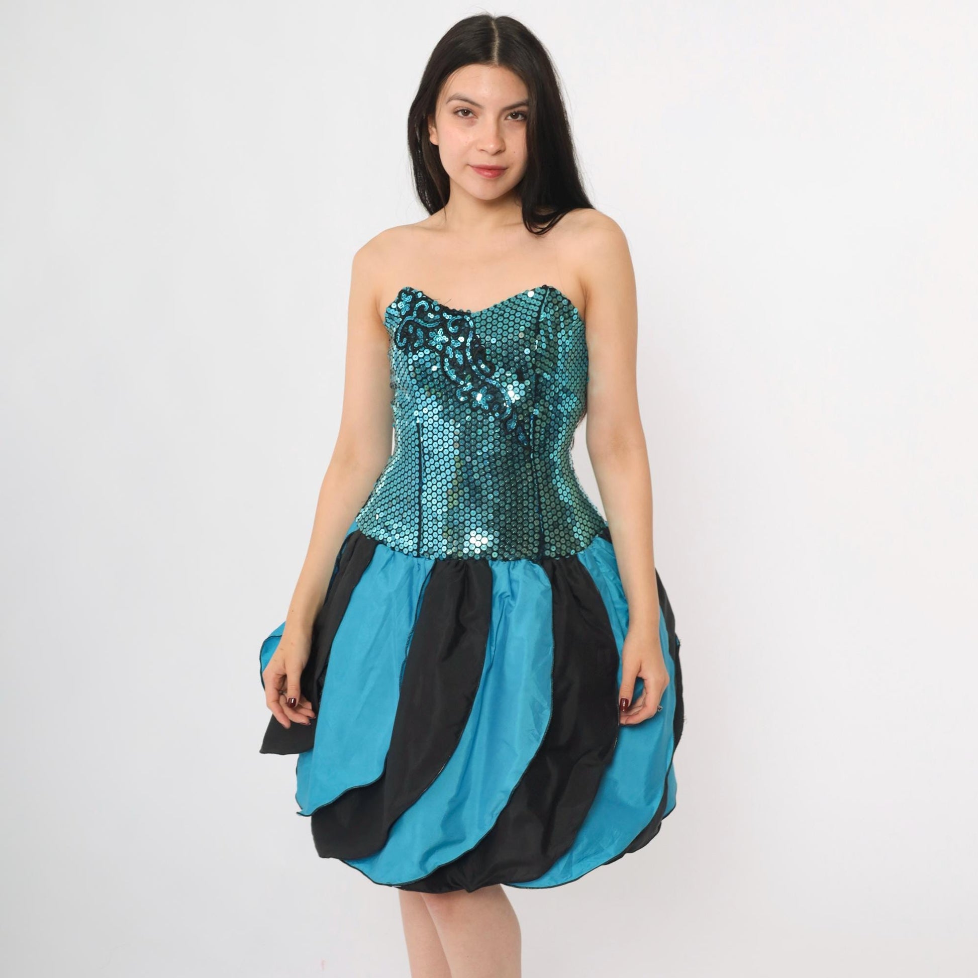 80s J Reynolds Designs Turquoise Sequin Strapless Dress Balloon Skirt Small